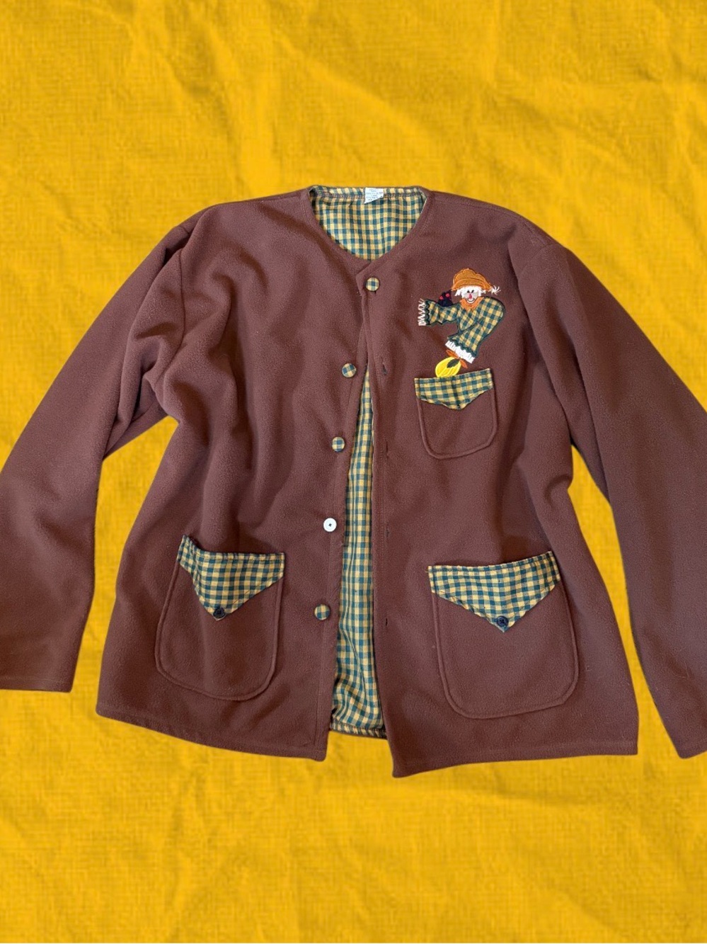 Brown Novelty Patch Cardigan with Plaid Trim